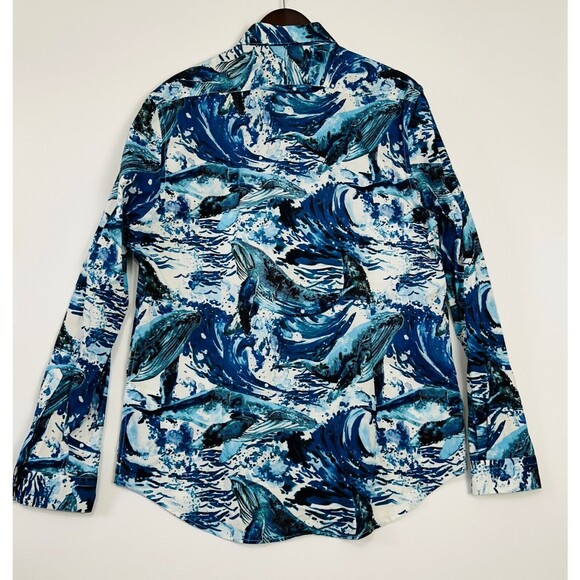 Mens Graphic Button Up Shirt Size XXL Blues Ocean Waves Slim Fit Paisley &‎ Gray - Picture 11 of 16